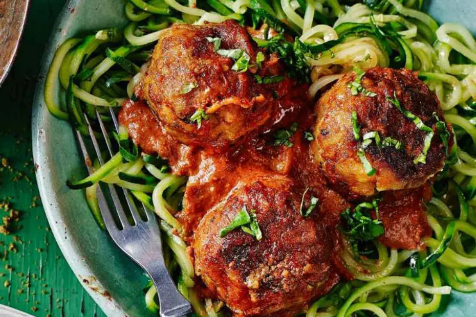 Veggie meatballs with ‘zoodles’ and tomato and basil sauce